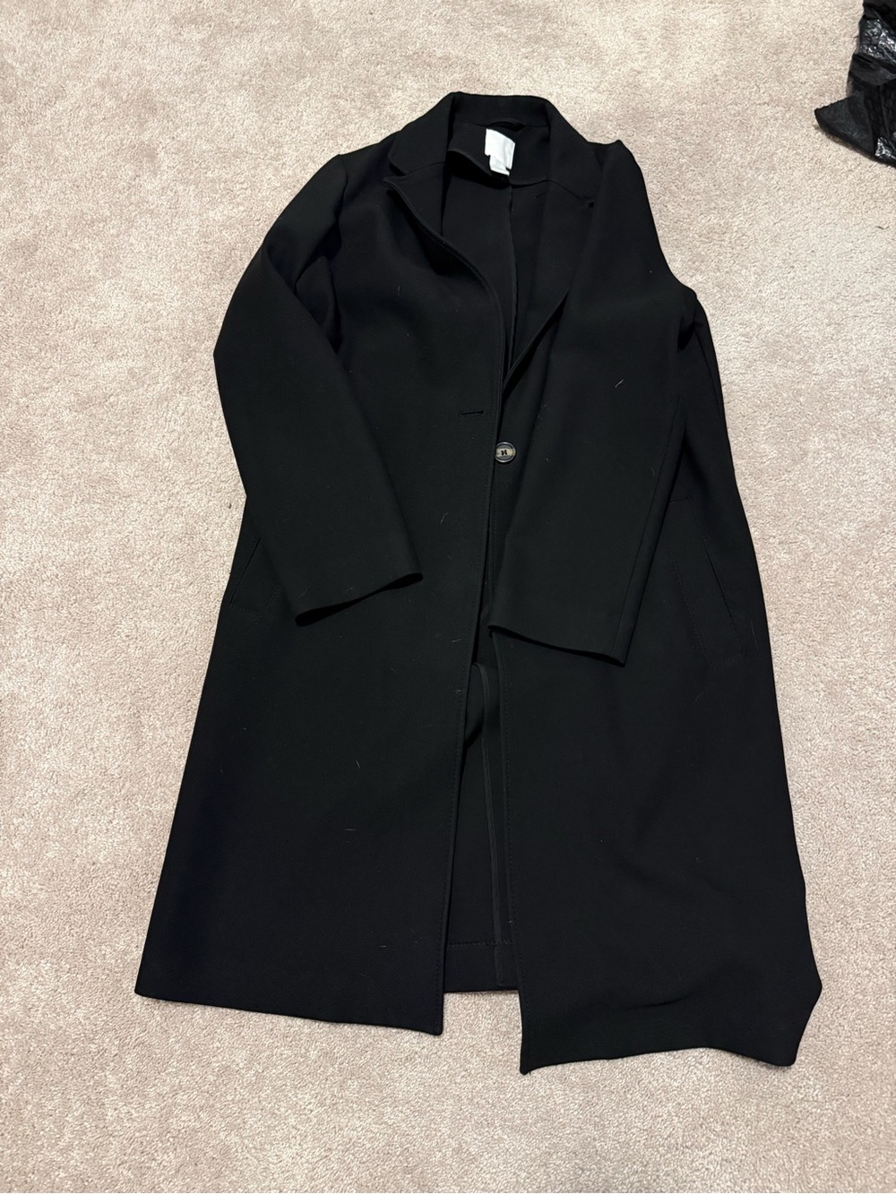 H&M Black Long Trench Coat with Single-Button Closure